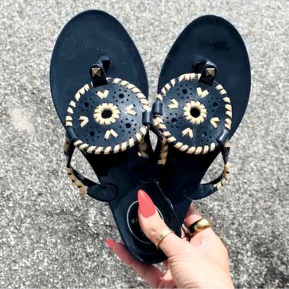 Jack Rogers Shoes - Jack Rogers Collins Leather Wedge Medallion Slip On Thong Sandals Black